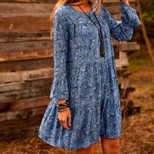 NEW Womens Shift Dress Babydoll Loose Fit Blue Pullover Floral Flounce Sleeve XL